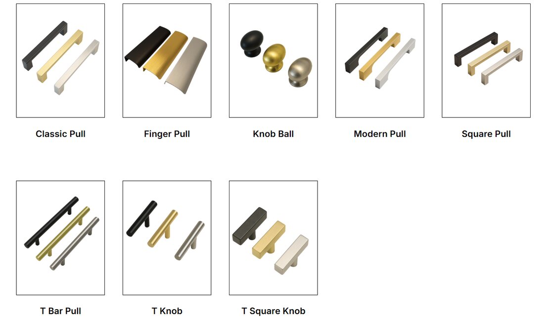 Pull & knob styles - black, gold, nickel